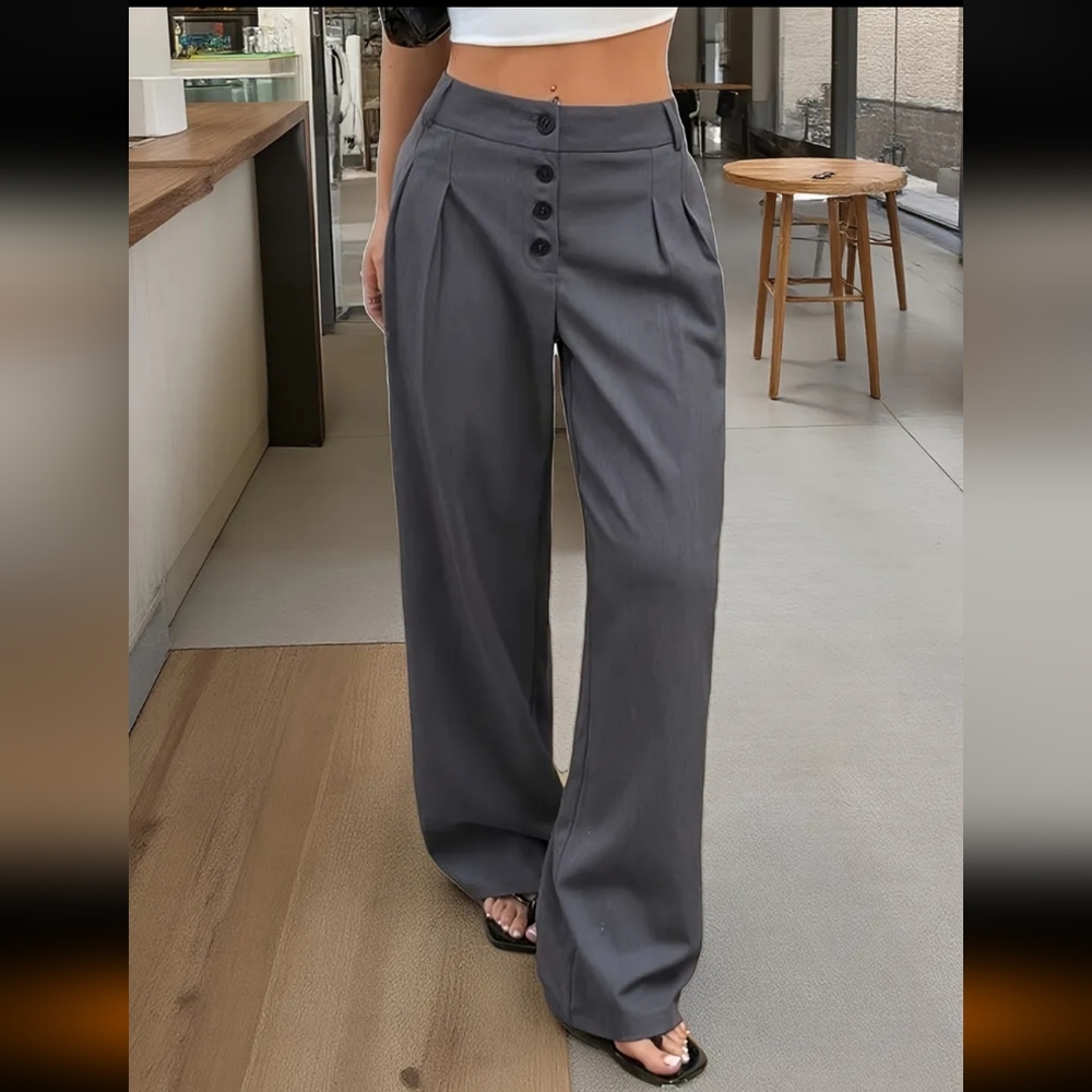 Women's Solid Color High Rise Button Front Pleated Wide Leg Loose Pants Grey M - Picture 3 of 7